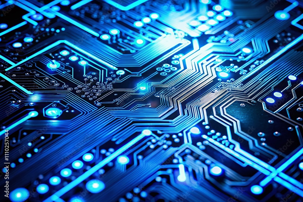 Poster close-up of a blue illuminated circuit board showcasing intricate patterns and connections for techn
