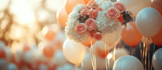 Floral arrangements in white and coral balloons creating a vibrant decoration for festive events and celebrations capturing a joyful atmosphere