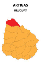 Artigas Map is highlighted on the Uruguay map with detailed state and region outlines.