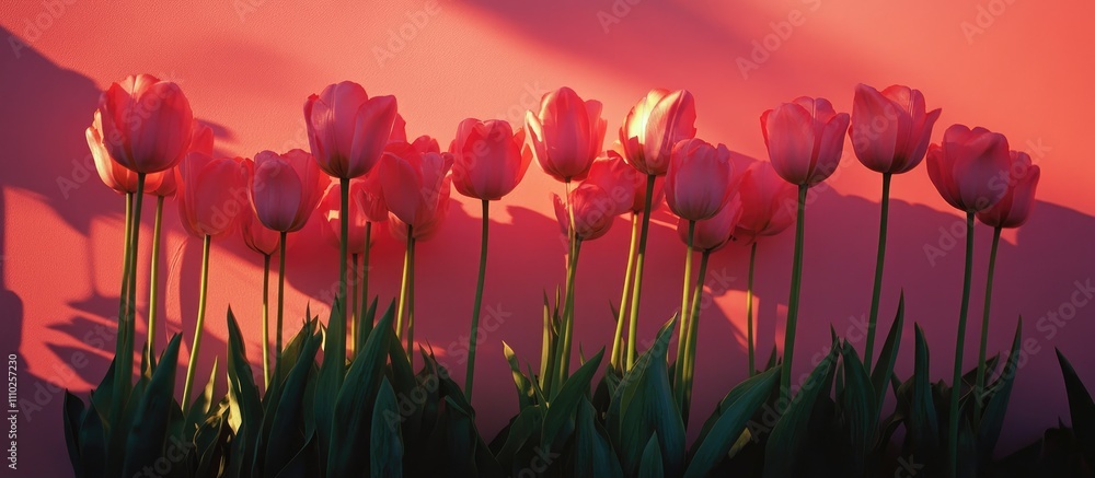 Poster pink tulips arranged against a warm pink backdrop creating a serene flatlay design with ample space 