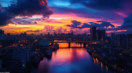A vibrant sunset over a city skyline reflecting on a river.