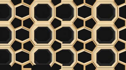 Obraz premium 64.A repeating pattern of hexagons set against a black backdrop, where each hexagonal shape is evenly spaced, creating a minimalist yet elegant design. The seamless transition between shapes enhances