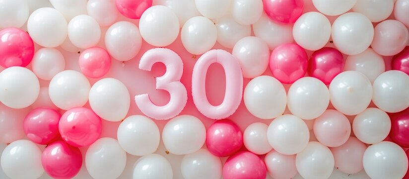 Festive birthday celebration background with pink and white balloons and candles showcasing the number 30 in an inviting atmosphere.