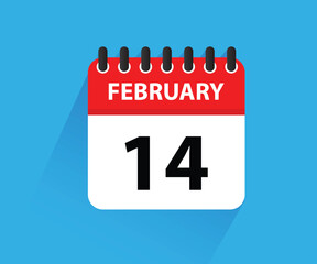 February 14, calendar icon. Valentines day. Love. Date. February 2025 Calendar Leaf, Blank Calendar Template. Stationery Design. Vector Illustration