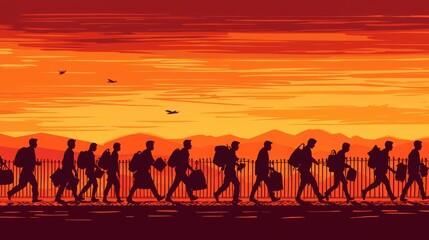 Powerful image of refugees crossing border amidst conflict, highlighting global crisis and urgent need for compassion and aid. 