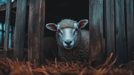 Curious sheep peering through wooden fence in a rustic stable surrounded by straw and natural textures in a serene barn setting