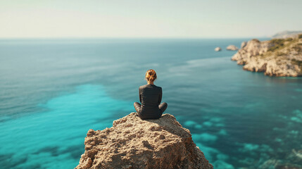 businesswoman sits on a small rock in the middle of calm water, gazing into the distance, symbolizing contemplation, solitude, and finding balance in the midst of challenges and stillness