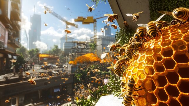 71.A rooftop hive scene with bees clustered on a honeycomb, working to produce honey under the bright skies of McLean, Virginia. The busy bees stand out against the golden hexagonal honeycomb and the