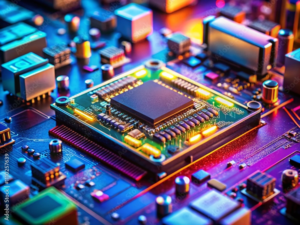 Poster closeup of a computer chip circuit board featuring ram and microchip technology on a motherboard wit