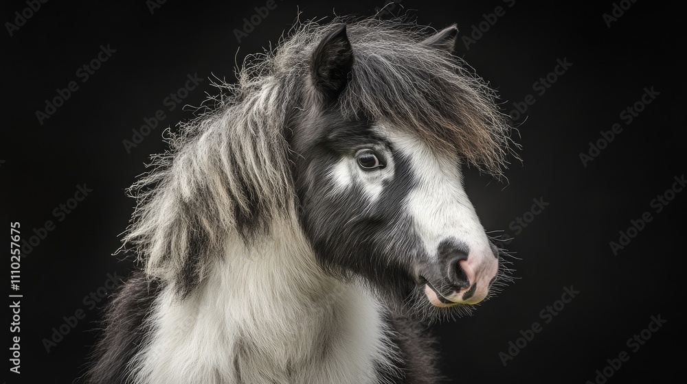 Poster piebald horse portrait on black background capturing unique fur patterns and expressive features in 