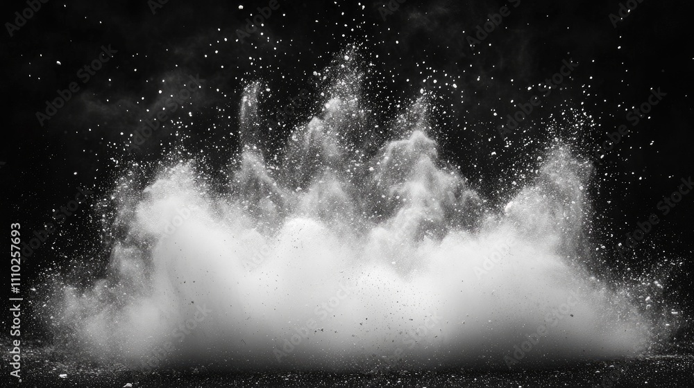 Poster abstract white powder explosion creating dynamic textures against a dark backdrop for artistic and d