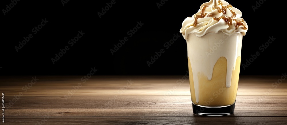 Poster vanilla ice cream shake topped with caramel on wooden table against a black background creating a de