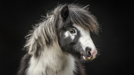 Fototapeta premium Piebald horse portrait on black background capturing unique fur patterns and expressive features in sharp detail.