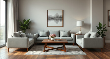 interior with sofa and wooden coffee table - 3d rendered illustration