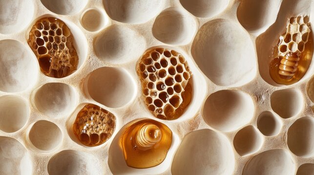 5.A seamless honeycomb grid with various cells filled with honey at different levels, showcasing the raw natural beauty of the honey and the precision of the comb&acirc;&euro;&trade;s structure.