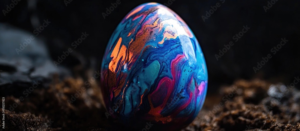 Poster vibrant multicolored egg with intricate patterns against a dark background showcasing texture and de