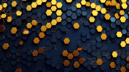 48.A sleek, abstract composition of honeycomb hexagons in various shades of yellow and gold, set against a deep blue background. The hexagonal pattern is repeated in a gradient, creating a sense of