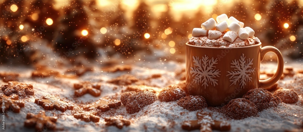 Aufkleber Cozy winter scene with a cup of cocoa topped with marshmallows surrounded by gingerbread cookies and cinnamon in a festive setting