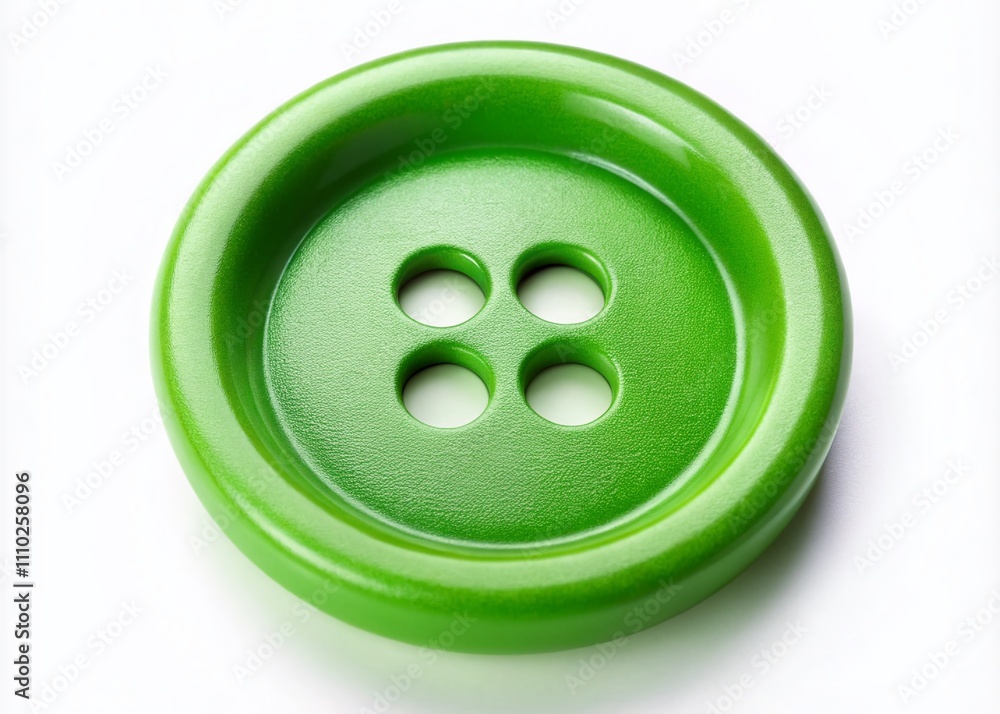 Poster close-up of a green button with four holes isolated on a clear background for creative projects and 