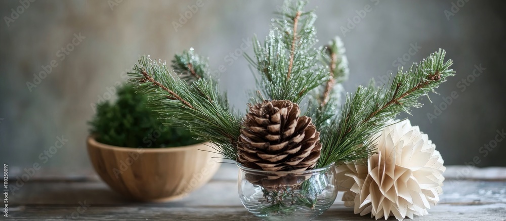 Poster natural pine branch arrangement with cedar cone and paper decoration in a rustic setting perfect for
