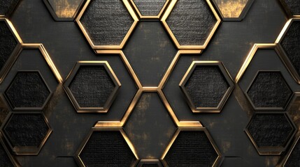 84.A sleek background of metal hexagons, with a soft golden light effect illuminating the edges. The metallic texture is enhanced by the glow, giving the geometric design a high-end, futuristic feel.
