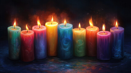 Colorful candles with vibrant flames creating a warm ambiance in a dimly lit room. Generative AI