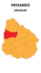 Obraz premium Paysandú Map is highlighted on the Uruguay map with detailed state and region outlines.