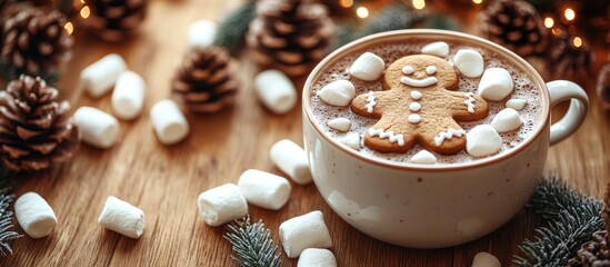 Fototapeta premium Gingerbread man cookie on hot chocolate topped with marshmallows surrounded by pinecones and festive decorations on a wooden background