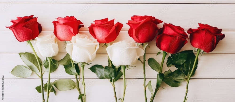 Poster bouquet of red and white roses arranged on light wooden background with ample space available for te