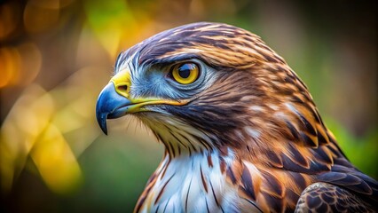 Close-Up of a Majestic Hawk in Profile Against a Softly Blurred Background, Highlighting Its Sharp Features and Intense Gaze, Perfect for Wildlife Photography Lovers and Enthusiasts