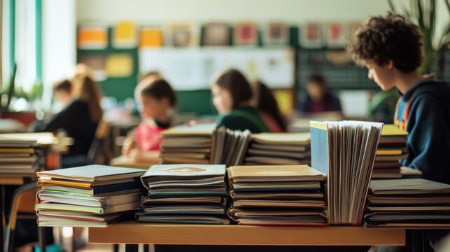 An evocative representation of gender diversity in education with a classroom where textbooks and materials reflect various gender perspectives, symbolizing educational inclusivity