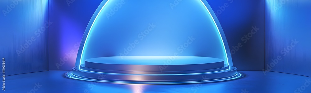 Poster futuristic metallic podium with a shiny surface, illuminated from above, set against a rich cobalt b