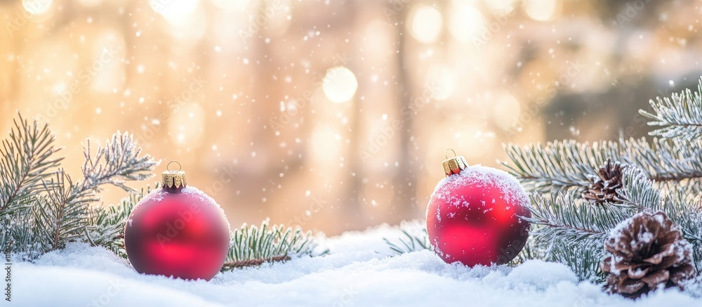 Poster winter postcard background with red ornaments on snow-covered branches creating a festive bokeh effe