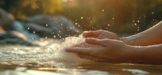 Fototapeta premium Hands washing in a river with cinematic natural lighting