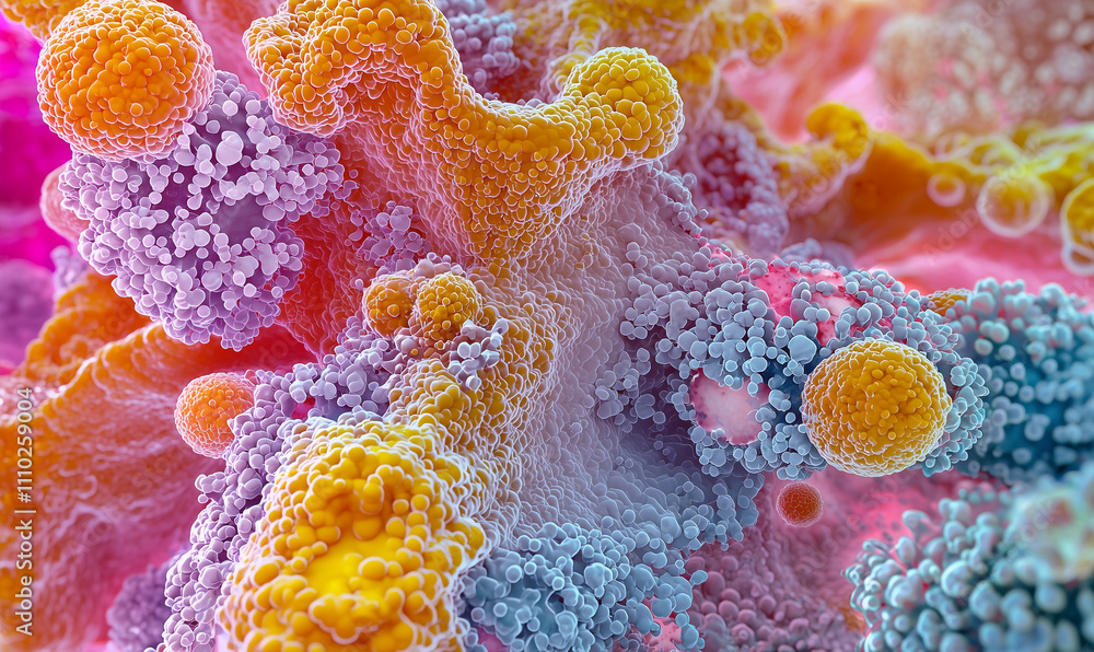 Poster vibrant microscopic view showcasing colorful, abstract structures resembling coral or microorganisms