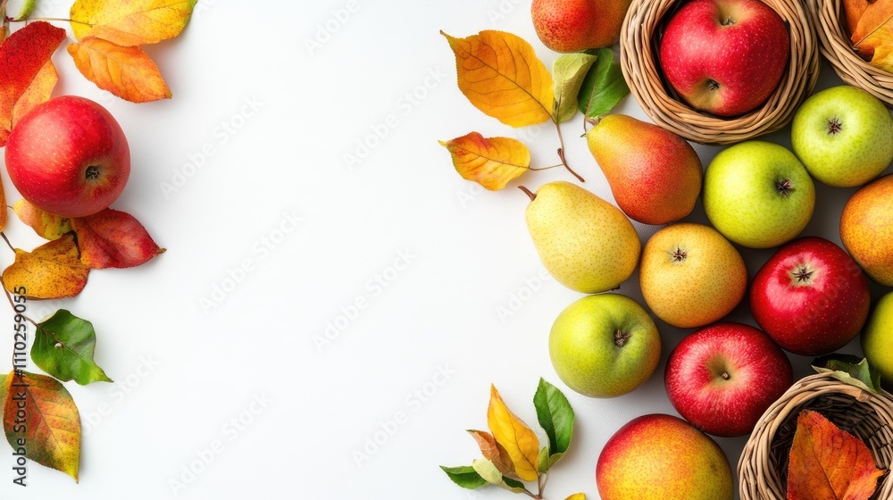 Poster autumn harvest of fresh apples and pears in baskets with colorful leaves on a white background space