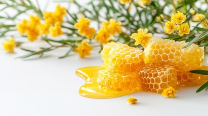 122.A vibrant close-up of fresh honeycombs oozing with golden honey, surrounded by a bouquet of blooming acacia flowers. The detailed texture of the honeycomb and the soft, graceful petals of the