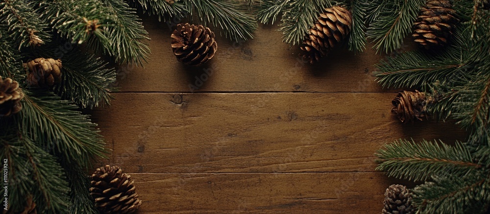 Poster rustic wooden table backdrop adorned with pine tree branches and cones creating a festive winter hol