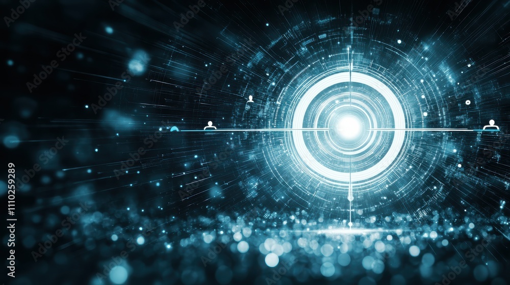 Poster a glowing circular design radiates light amidst a dark background, creating a futuristic and digital