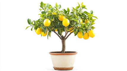 Lush lemon tree with ripe lemons in a pot isolated on a clean white background ideal for nature and gardening themes