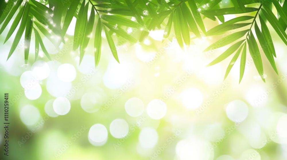 Aufkleber lush background of green palm leaves with soft bokeh effect and sunlight filtering through, creating