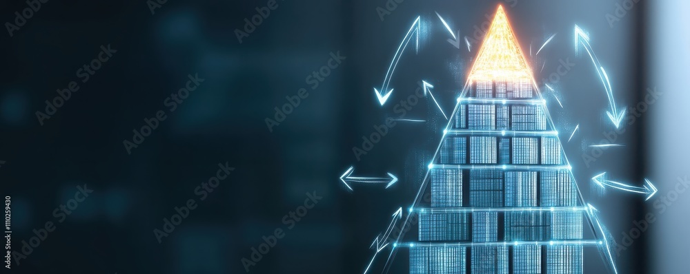 Aufkleber a digital pyramid structure with a glowing apex, surrounded by arrows indicating upward movement and