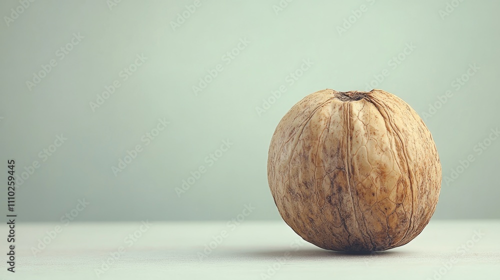 Poster walnut with textured shell placed on a soft-focus white background, highlighting natural patterns an