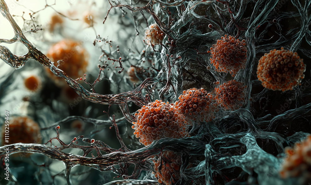Poster intricate close-up of organic structures with orange spherical elements, resembling microscopic life