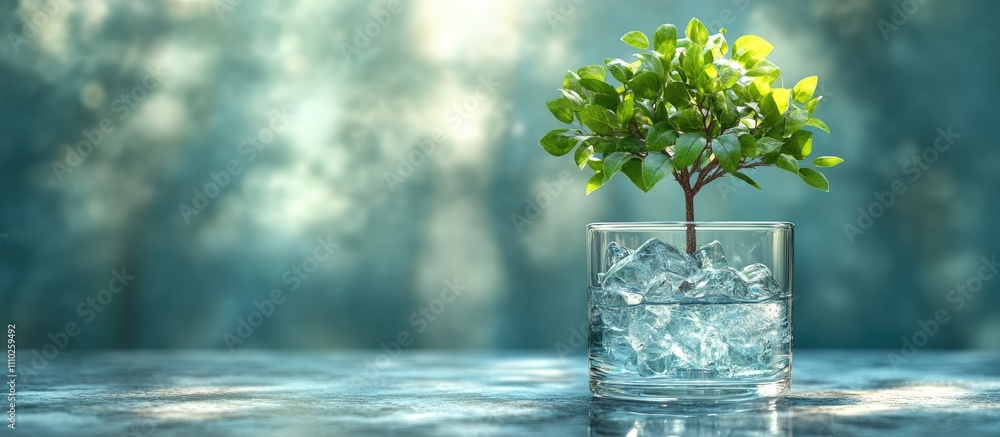 Poster lollipop shaped like a tree in a glass filled with ice on a light blue background with soft focus an