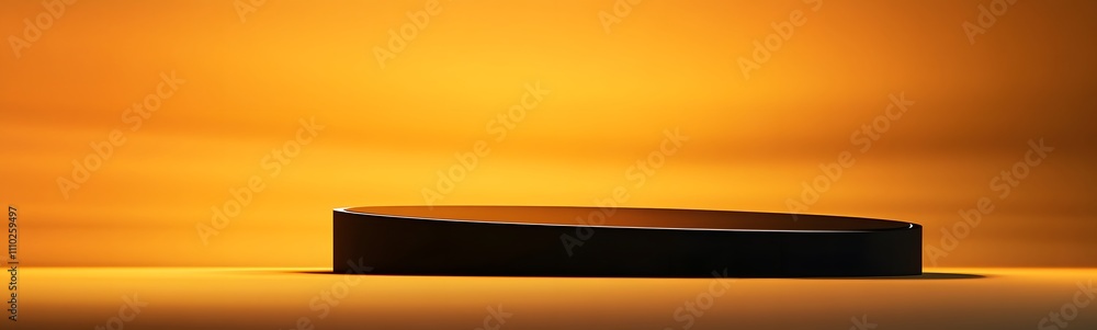 Aufkleber minimalist black podium with sharp edges, illuminated under warm light, set against a subtle mustard