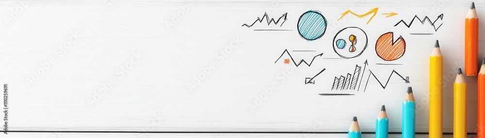 Poster a clean workspace featuring colorful pencils and hand-drawn data charts, emphasizing creativity and 