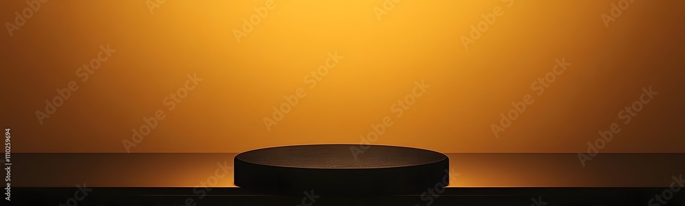 Aufkleber minimalist black podium with sharp edges, illuminated under warm light, set against a subtle mustard