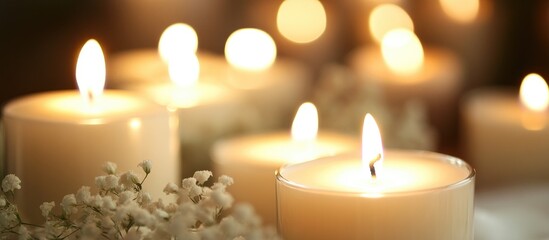 Elegant wedding ceremony candles glowing softly with baby's breath flowers creating a romantic ambiance for a memorable occasion.