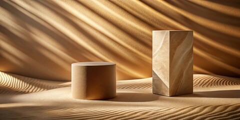 Simple Geometric Shapes Resting In A Field Of Sand With Sunbeams Filtering Through The Clouds